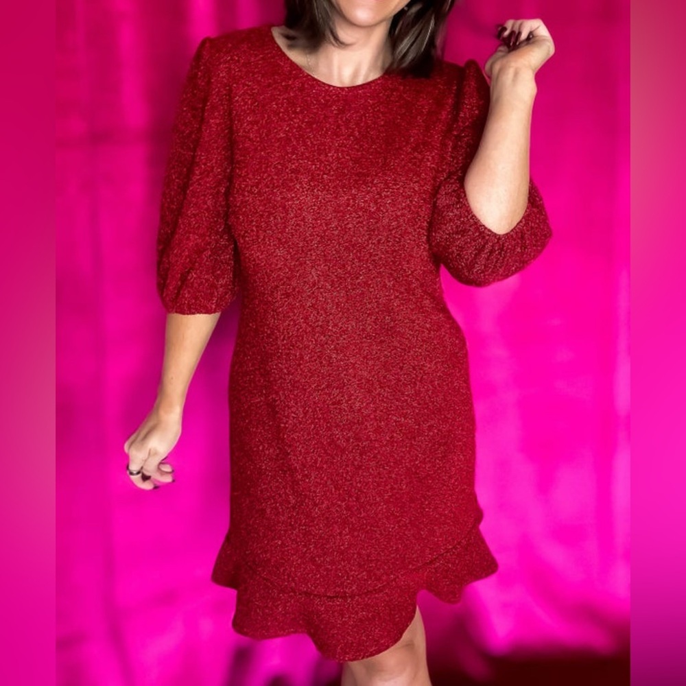 NEW w/o TAGS - 2Hearts Red Glitter Dress with Puff Sleeves - small
